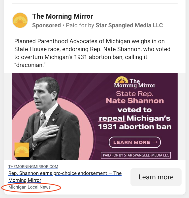 A Facebook ad for a Morning Mirror article focusing on the pro-choice credentials of a Democratic candidate. “Michigan Local News” has been entered in the link description field.