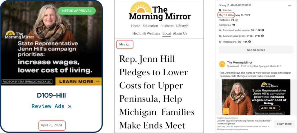 Left-to-right: Ad copy posted to SBDigital on April 25; the corresponding article, published to The Morning Mirror on May 13; the paid ad for the article, which launched on Meta platforms on May 13.