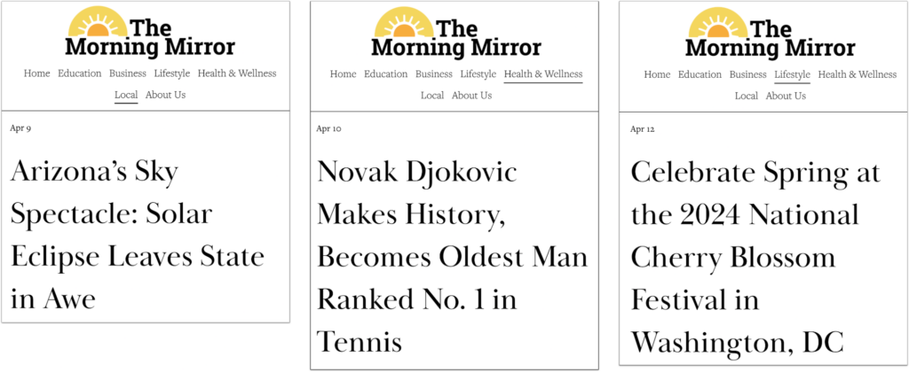 The first three news articles added to the Morning Mirror website in early April 2024.